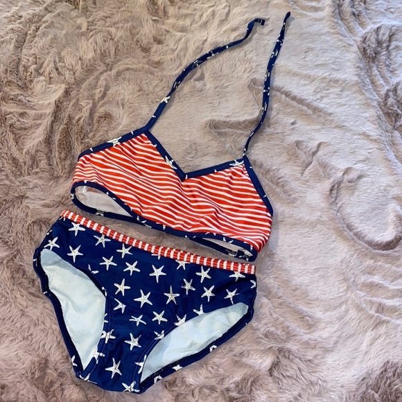 Cat & Jack Small (6/6X) red white & blue USA starfish & striped bikini swimsuit - Picture 11 of 11